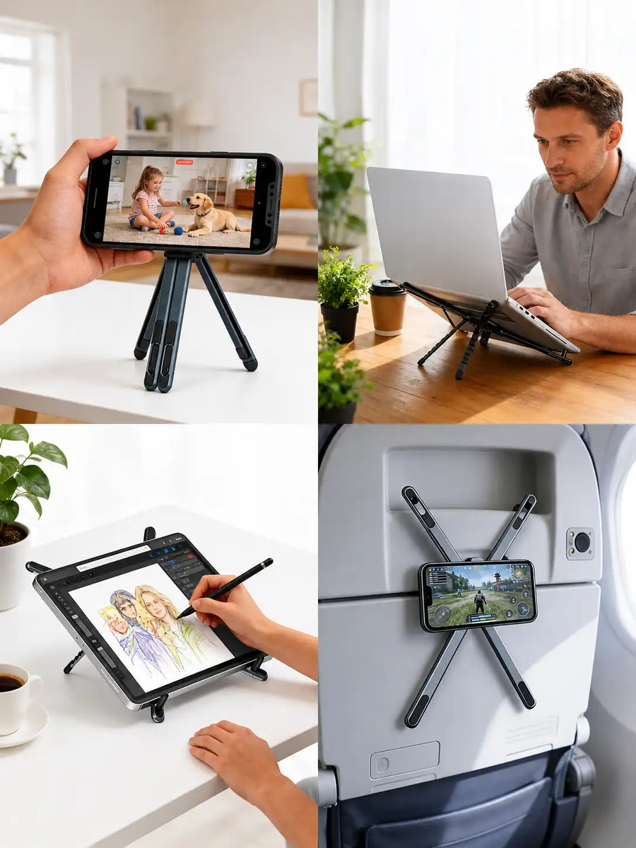 Foldable Laptop Stand with Phone & Tablet Holder | Portable Aluminium Riser for Desk - Adjustable Height, Ventilated, Multi-Device