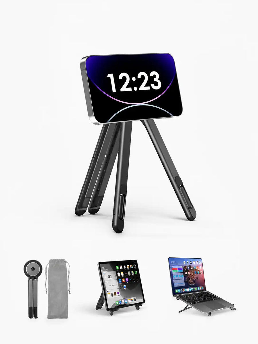 Foldable Laptop Stand with Phone & Tablet Holder | Portable Aluminium Riser for Desk - Adjustable Height, Ventilated, Multi-Device