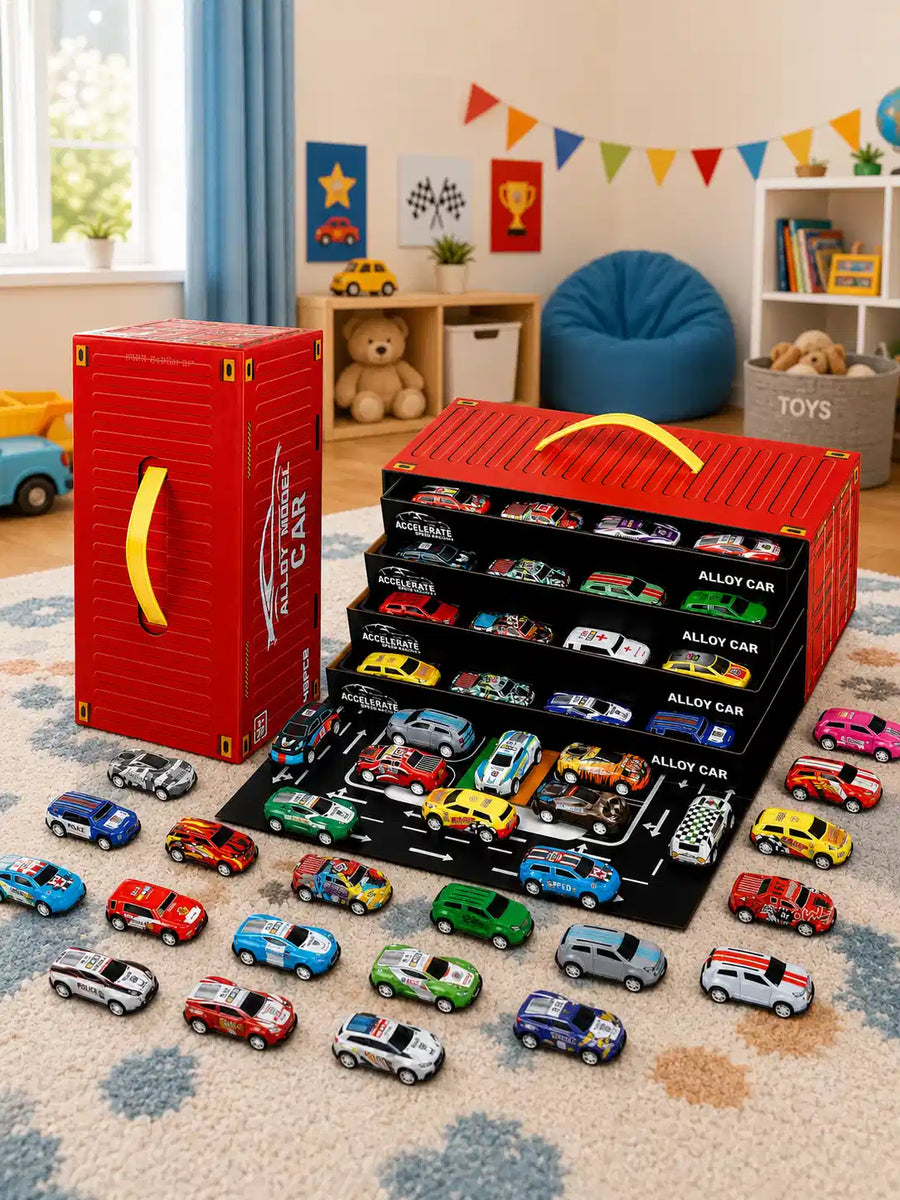 Alloy Model Car Set for Kids – Diecast Pull Back Racing Cars with Container Storage Carry Case | Metal Toy Car Collection Gift for Boys
