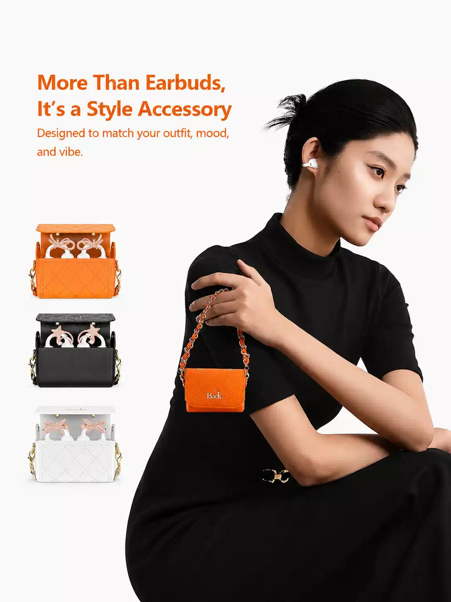 Q69 Ear Clip Wireless Earbuds – Bag Shape Case with Chain, Open Ear Bluetooth TWS Earphones with 72 Hours Total Playtime | Stylish Clip-On Headphones for Girls & Gifting