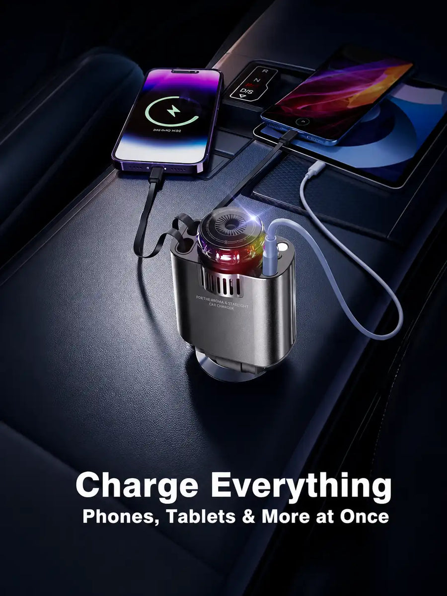 5-in-1 Car Charger with Aroma Diffuser & RGB Starlight | Retractable USB-C & Lightning Cables, Cup Holder Charger for iPhone & Android