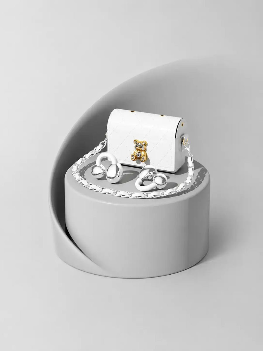 Q69 Ear Clip Wireless Earbuds – Bag Shape Case with Chain, Open Ear Bluetooth TWS Earphones with 72 Hours Total Playtime | Stylish Clip-On Headphones for Girls & Gifting
