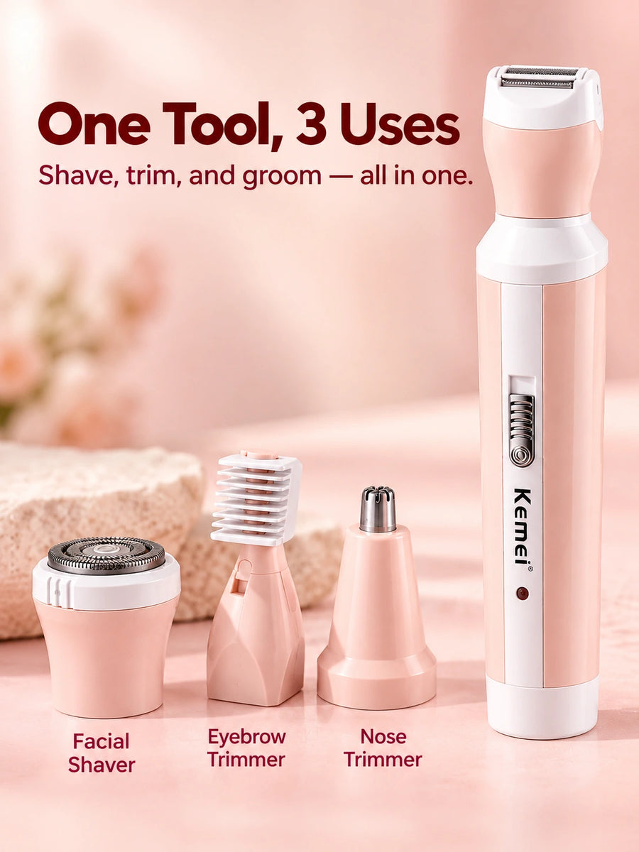 Kemei 4-in-1 Women's Electric Shaver Suit - Facial & Body Hair Remover, Eyebrow & Nose Trimmer, USB Rechargeable