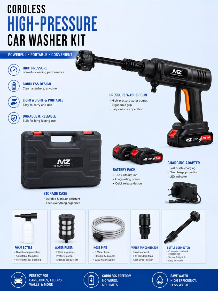 MZ Cordless Portable Pressure Washer | 18.5V Battery Car & Bike Wash Gun, 6 Spray Modes, Double Battery, 48 Min Run Time