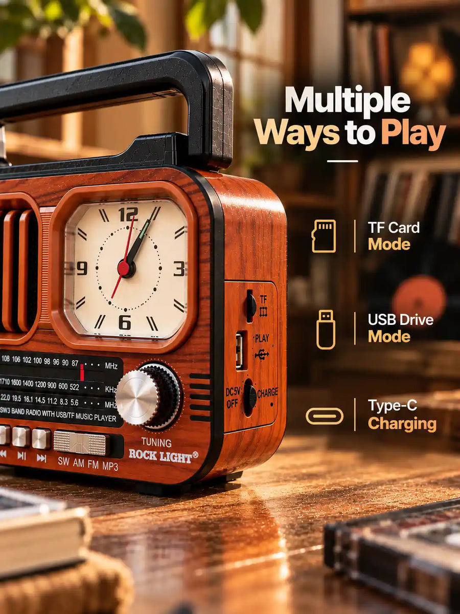Rock Light Retro Wooden Radio with Clock – 15W Portable Music Speaker