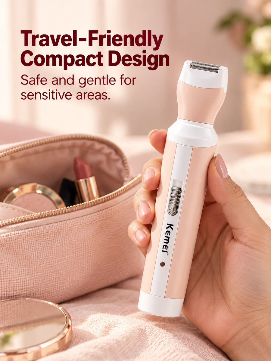 Kemei 4-in-1 Women's Electric Shaver Suit - Facial & Body Hair Remover, Eyebrow & Nose Trimmer, USB Rechargeable