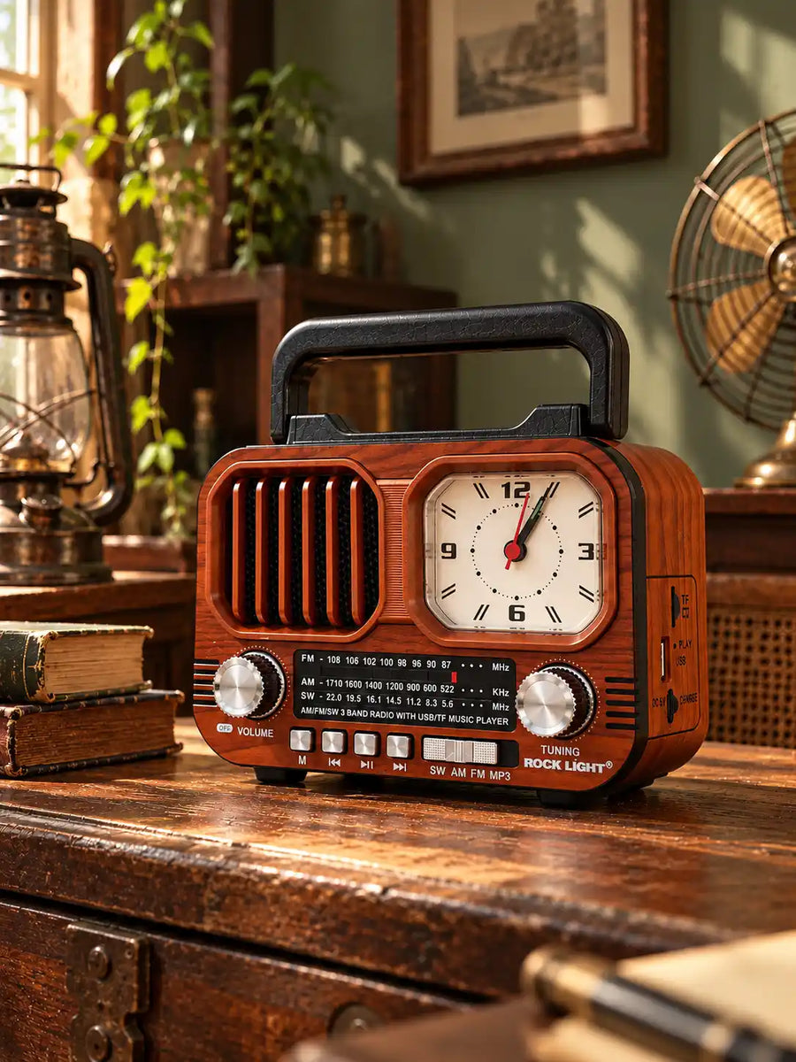 Rock Light Retro Wooden Radio with Clock – 15W Portable Music Speaker