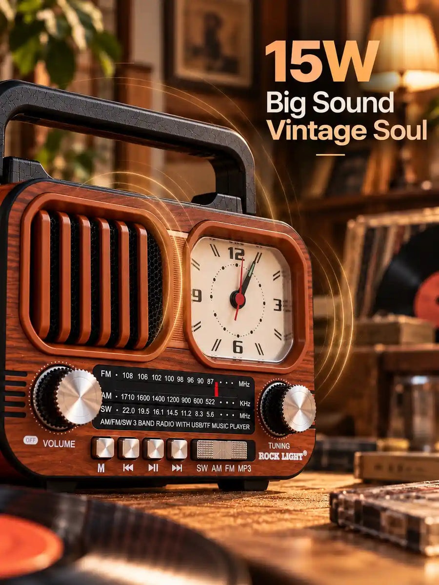 Rock Light Retro Wooden Radio with Clock – 15W Portable Music Speaker