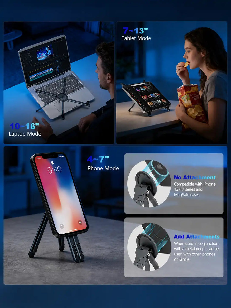Foldable Laptop Stand with Phone & Tablet Holder | Portable Aluminium Riser for Desk - Adjustable Height, Ventilated, Multi-Device