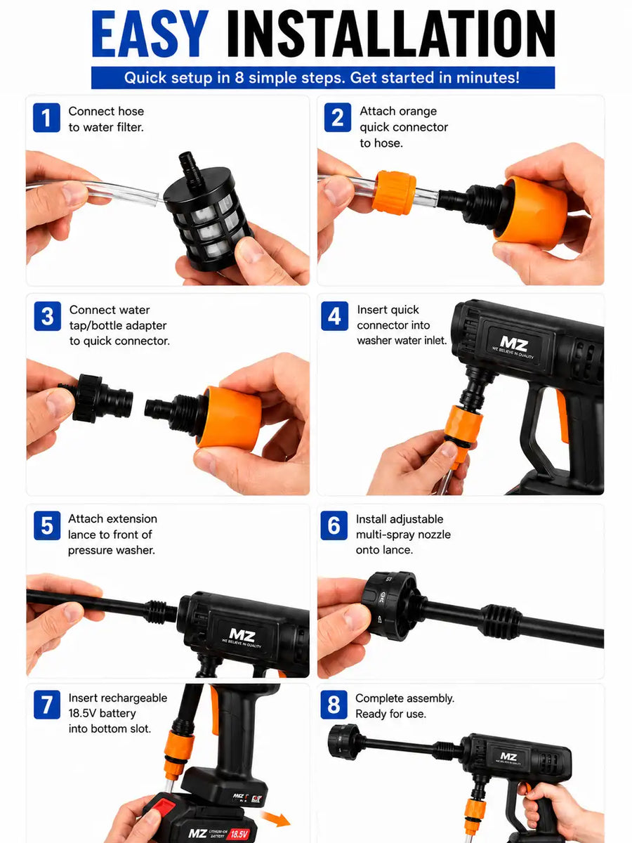 MZ Cordless Portable Pressure Washer | 18.5V Battery Car & Bike Wash Gun, 6 Spray Modes, Double Battery, 48 Min Run Time