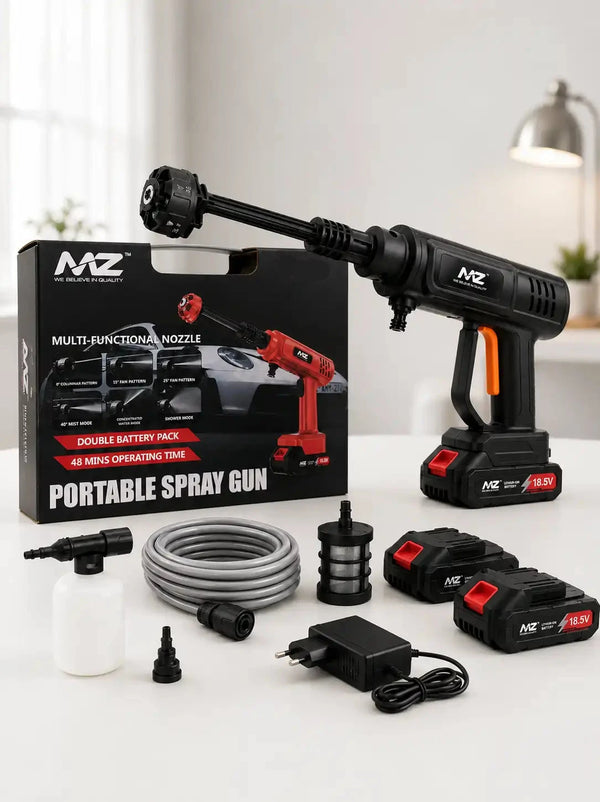 MZ Cordless Portable Pressure Washer | 18.5V Battery Car & Bike Wash Gun, 6 Spray Modes, Double Battery, 48 Min Run Time
