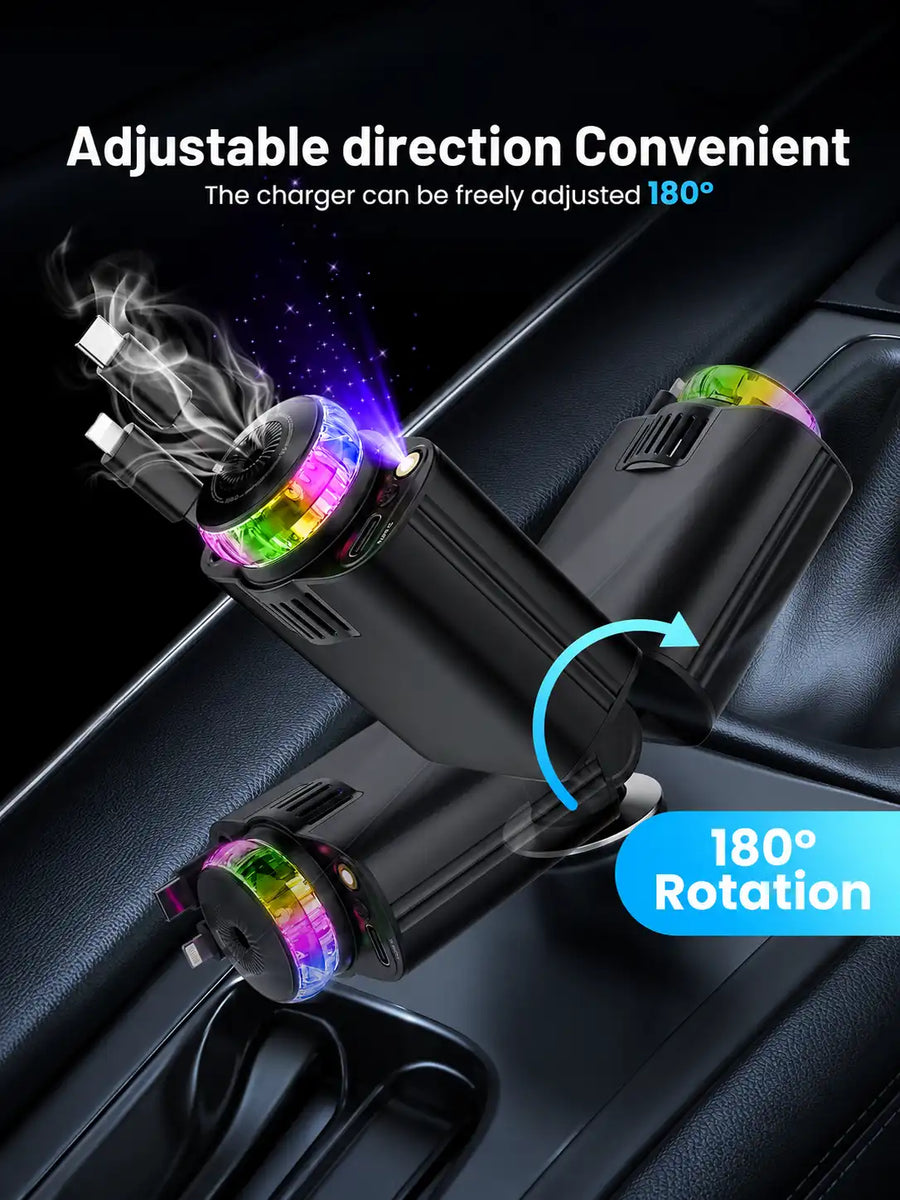 5-in-1 Car Charger with Aroma Diffuser & RGB Starlight | Retractable USB-C & Lightning Cables, Cup Holder Charger for iPhone & Android