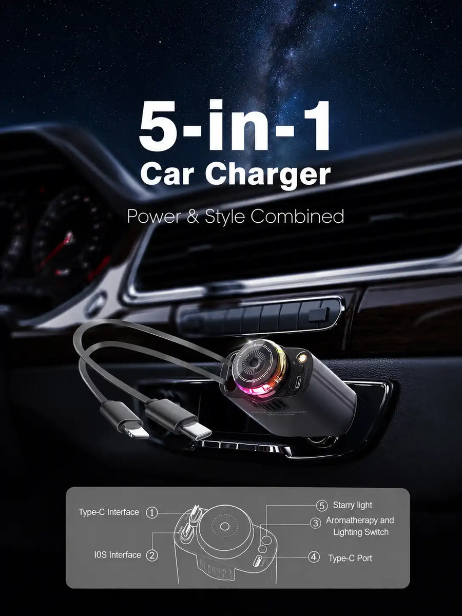 5-in-1 Car Charger with Aroma Diffuser & RGB Starlight | Retractable USB-C & Lightning Cables, Cup Holder Charger for iPhone & Android