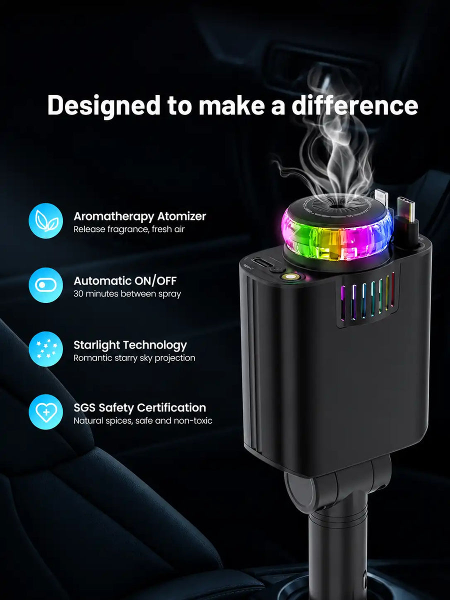 5-in-1 Car Charger with Aroma Diffuser & RGB Starlight | Retractable USB-C & Lightning Cables, Cup Holder Charger for iPhone & Android