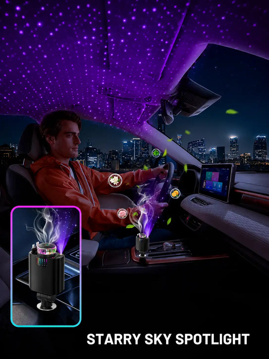 5-in-1 Car Charger with Aroma Diffuser & RGB Starlight | Retractable USB-C & Lightning Cables, Cup Holder Charger for iPhone & Android