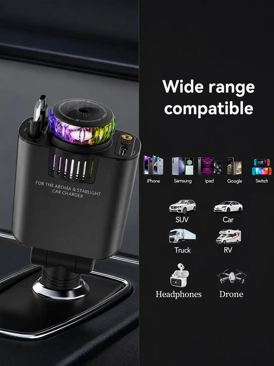 5-in-1 Car Charger with Aroma Diffuser & RGB Starlight | Retractable USB-C & Lightning Cables, Cup Holder Charger for iPhone & Android