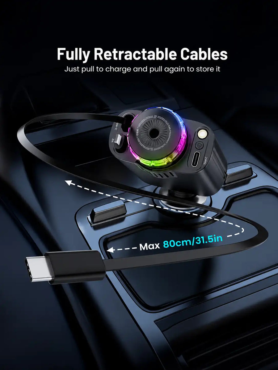 5-in-1 Car Charger with Aroma Diffuser & RGB Starlight | Retractable USB-C & Lightning Cables, Cup Holder Charger for iPhone & Android