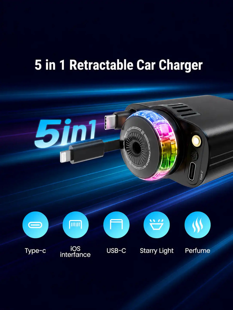 5-in-1 Car Charger with Aroma Diffuser & RGB Starlight | Retractable USB-C & Lightning Cables, Cup Holder Charger for iPhone & Android