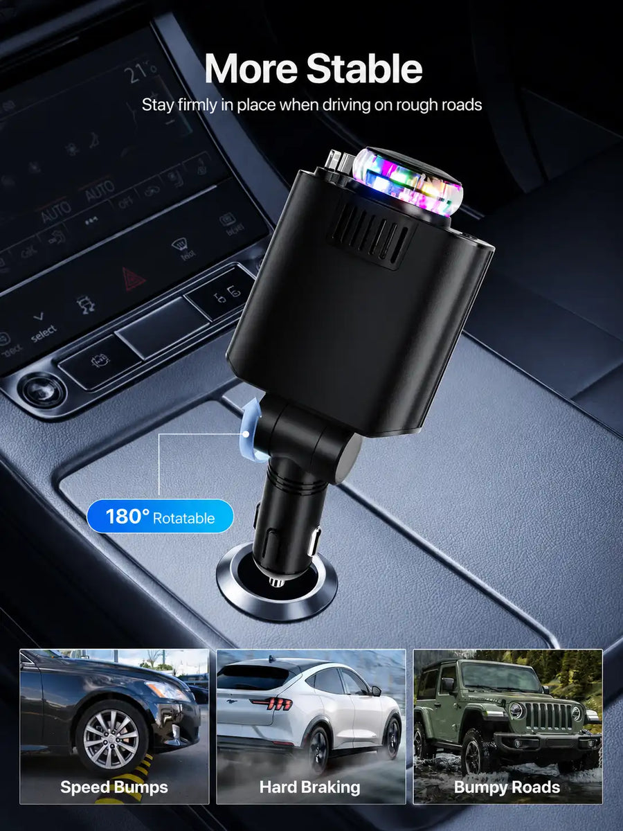 5-in-1 Car Charger with Aroma Diffuser & RGB Starlight | Retractable USB-C & Lightning Cables, Cup Holder Charger for iPhone & Android