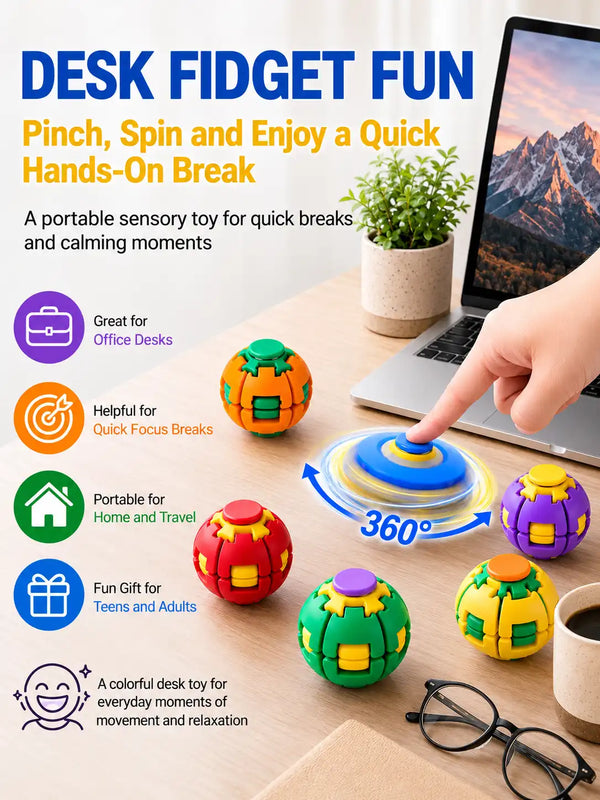 Press & Spin Fidget Ball — Pocket-Sized Sensory Toy | Stress Relief Spinner for Kids, Teens & Adults