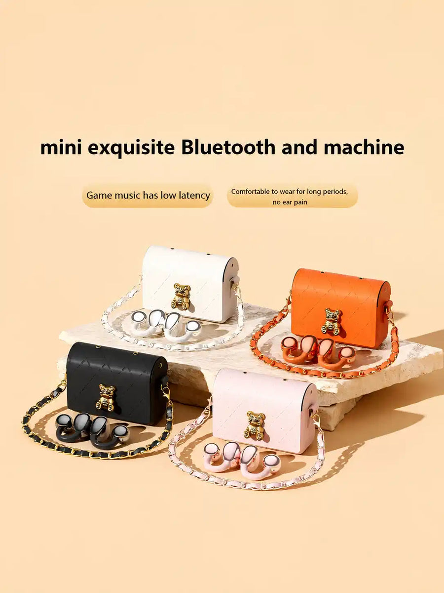 Q69 Ear Clip Wireless Earbuds – Bag Shape Case with Chain, Open Ear Bluetooth TWS Earphones with 72 Hours Total Playtime | Stylish Clip-On Headphones for Girls & Gifting