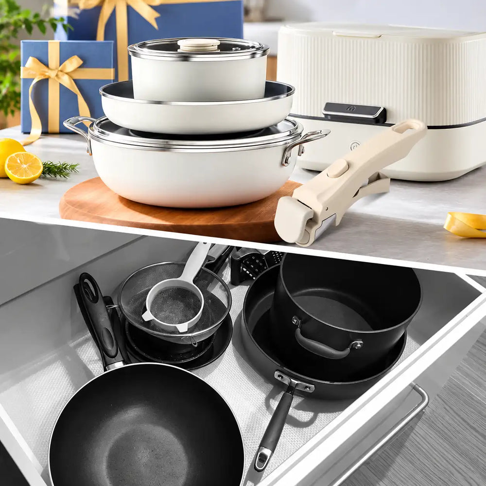 Space saving stackable cookware without fixed handles