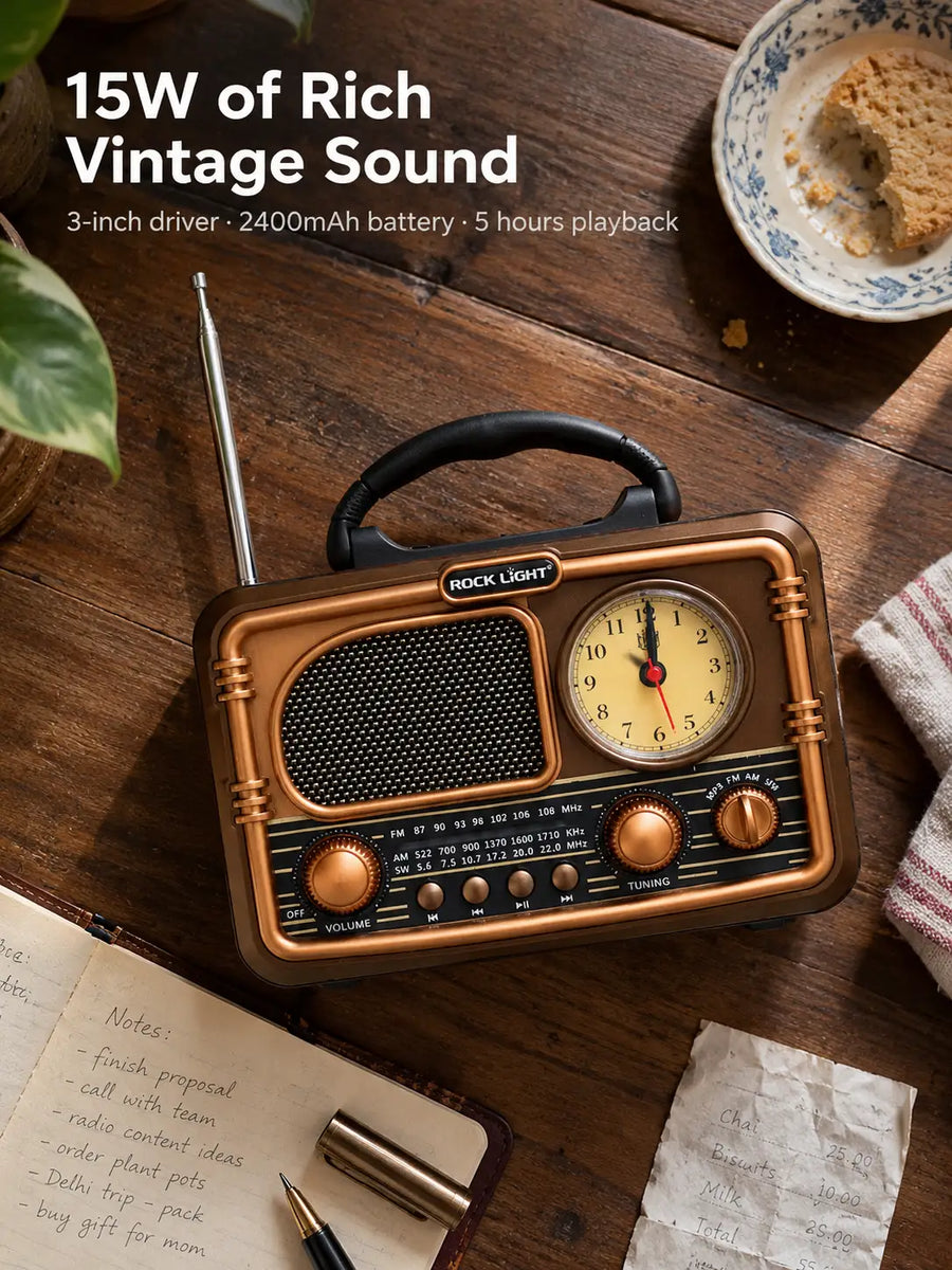 Rock Light S586 Tik Tik Retro Speaker — 15W speaker, Bluetooth 5.0, AM/FM/SW radio, 2400mAh Battery
