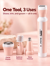 Kemei 4-in-1 Women's Electric Shaver Suit - Facial & Body Hair Remover, Eyebrow & Nose Trimmer, USB Rechargeable