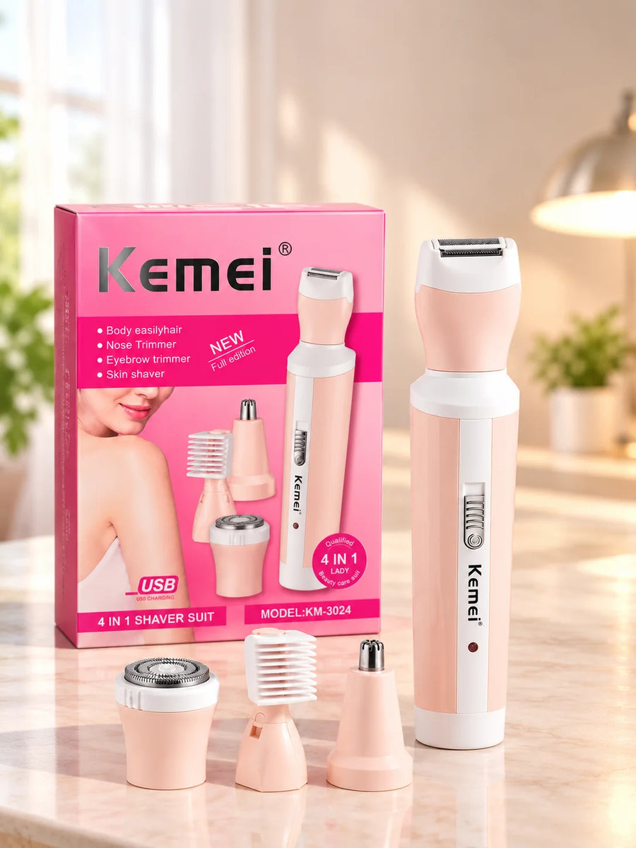 Kemei 4-in-1 Women's Electric Shaver Suit - Facial & Body Hair Remover, Eyebrow & Nose Trimmer, USB Rechargeable