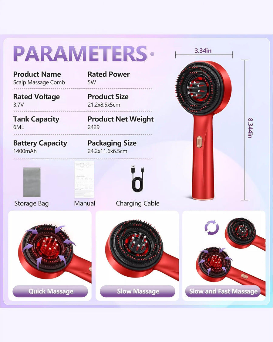3-in-1 Electric Scalp Massager with 630nm Red Light Therapy | Rechargeable Hair Growth Comb, Vibration Massage & Oil Applicator for Men & Women