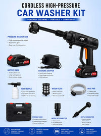 MZ Cordless Portable Pressure Washer | 18.5V Battery Car & Bike Wash Gun, 6 Spray Modes, Double Battery, 48 Min Run Time