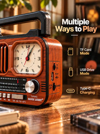 Rock Light Retro Wooden Radio with Clock – 15W Portable Music Speaker
