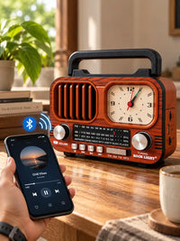 Rock Light Retro Wooden Radio with Clock – 15W Portable Music Speaker