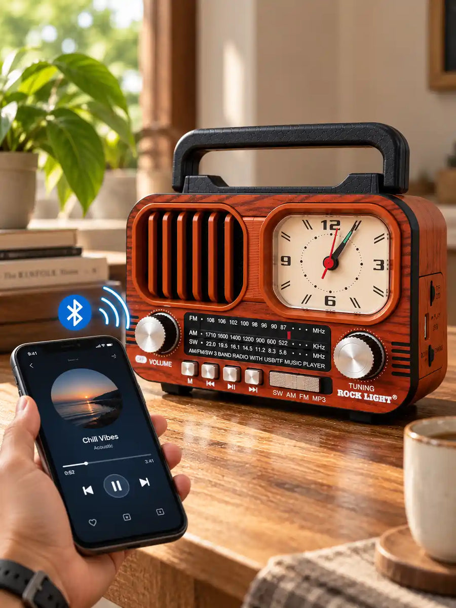 Rock Light Retro Wooden Radio with Clock – 15W Portable Music Speaker