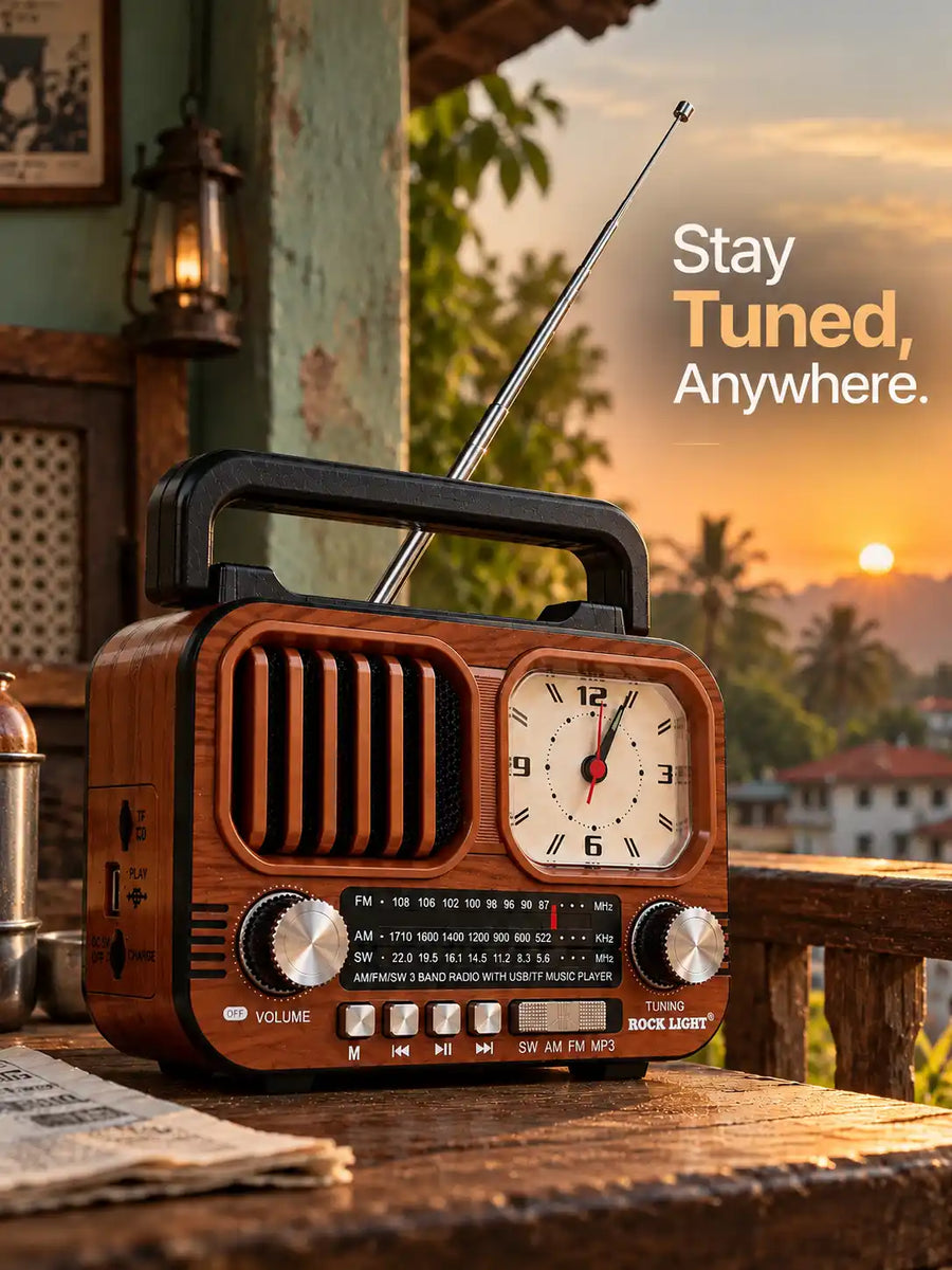 Rock Light Retro Wooden Radio with Clock – 15W Portable Music Speaker