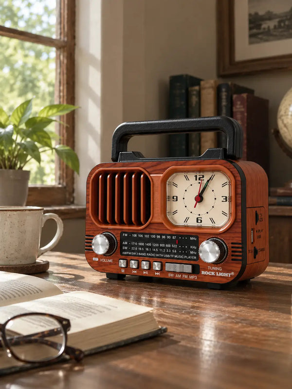 Rock Light Retro Wooden Radio with Clock – 15W Portable Music Speaker